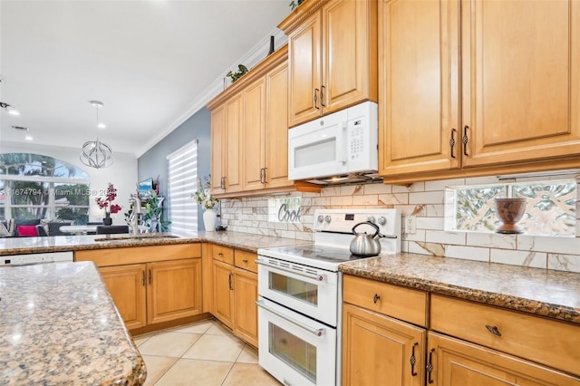 kitchen with ornamental molding, light tile patterned floors, decorative backsplash, sink, and white appliances