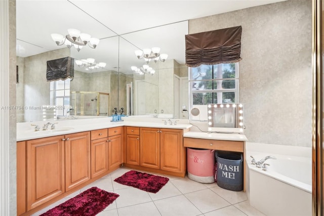 bathroom featuring tile patterned flooring, vanity, and independent shower and bath