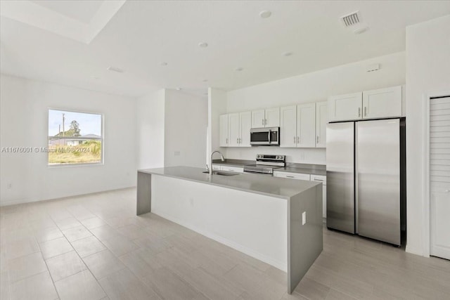 kitchen featuring white cabinets, a center island with sink, appliances with stainless steel finishes, and sink