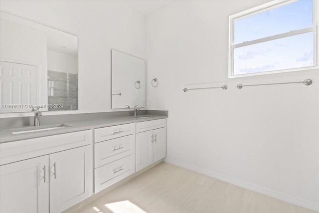 bathroom with walk in shower and vanity