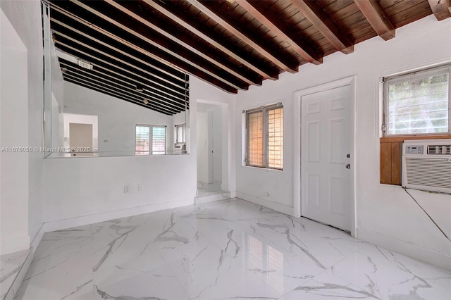 foyer featuring cooling unit, wooden ceiling, and vaulted ceiling with beams