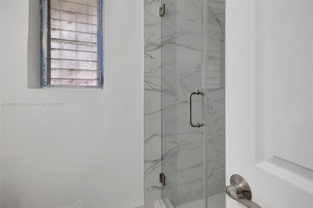 bathroom featuring a shower with shower door