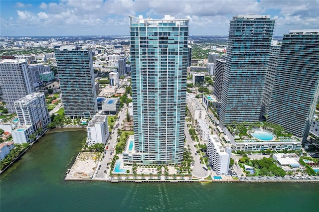 birds eye view of property featuring a water view