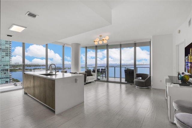 kitchen with floor to ceiling windows, a center island with sink, a water view, sink, and light hardwood / wood-style floors