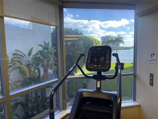 workout area with a water view