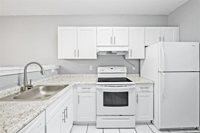 kitchen featuring sink, white cabinets, white appliances, and light tile patterned floors