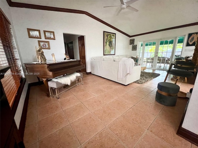 living room featuring ceiling fan, light tile patterned floors, lofted ceiling, and french doors