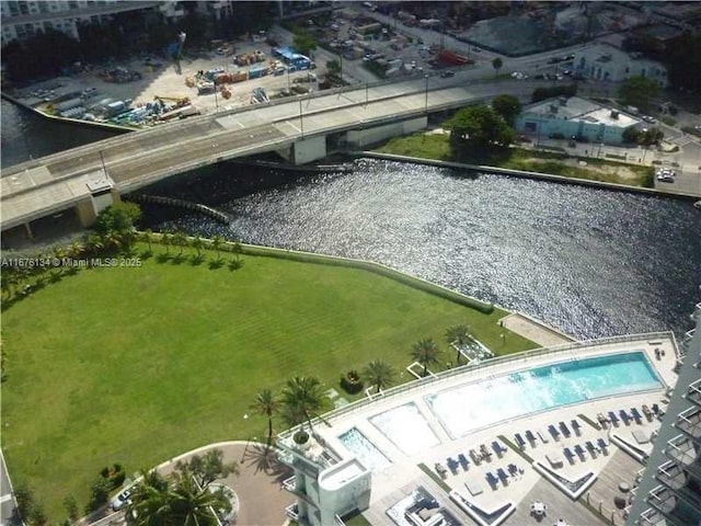 aerial view featuring a water view