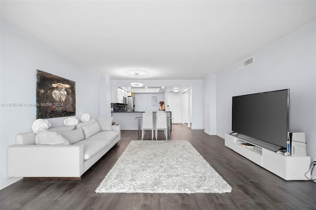 living room featuring dark wood-type flooring