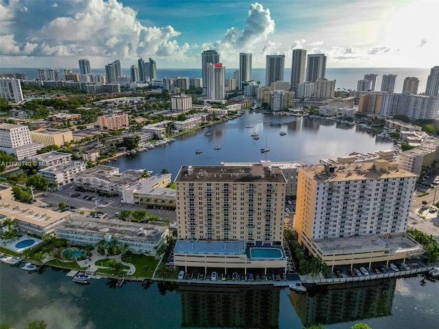 aerial view featuring a water view