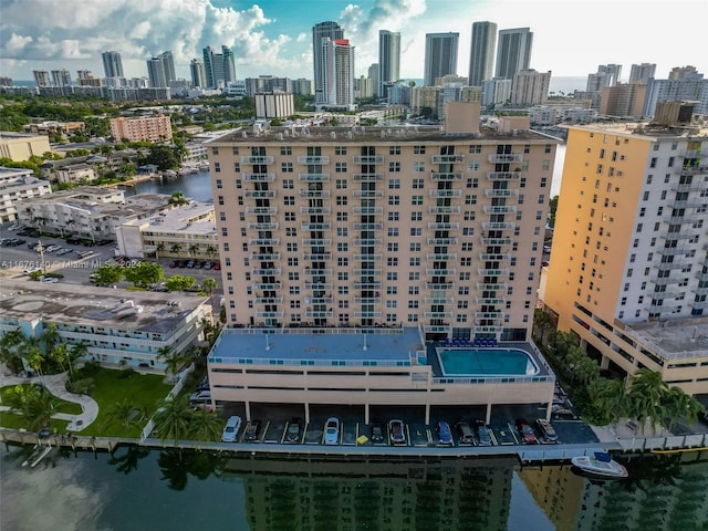 bird's eye view with a water view