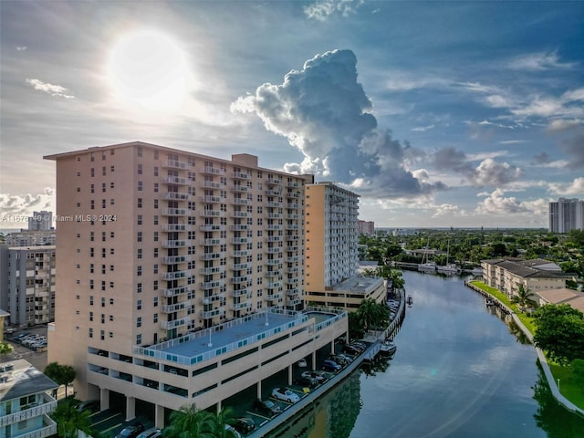 view of building exterior featuring a water view