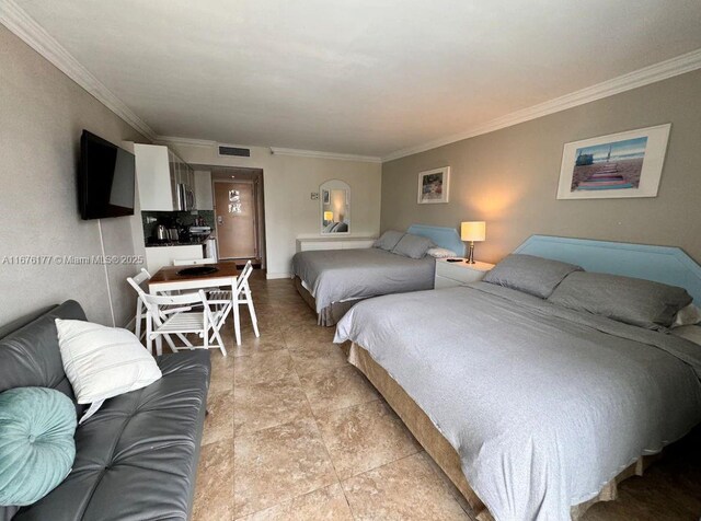 bedroom featuring access to outside and ornamental molding