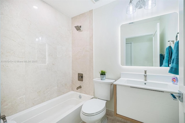 full bath with toilet,  shower combination, and vanity