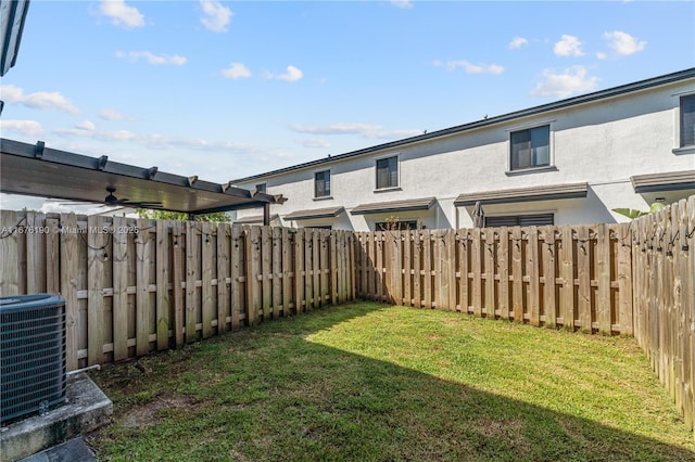 view of yard featuring central air condition unit and a fenced backyard