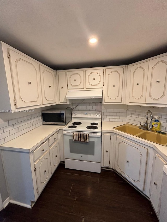 kitchen featuring tasteful backsplash, dark hardwood / wood-style floors, white cabinets, and white electric stove