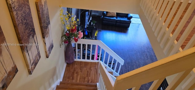 stairway with hardwood / wood-style floors