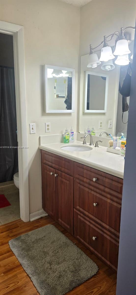 bathroom featuring hardwood / wood-style floors, vanity, and toilet