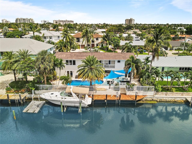 drone / aerial view with a water view