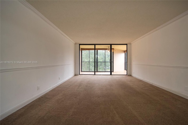 carpeted empty room featuring a textured ceiling, ornamental molding, and floor to ceiling windows