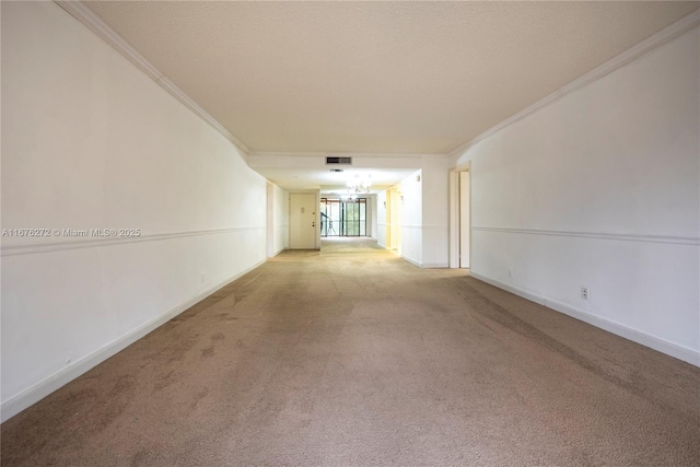 interior space with carpet, crown molding, and a chandelier