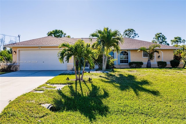 ranch-style house featuring a front yard and a garage