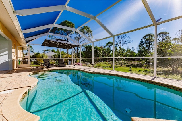 view of swimming pool featuring a patio and a lanai