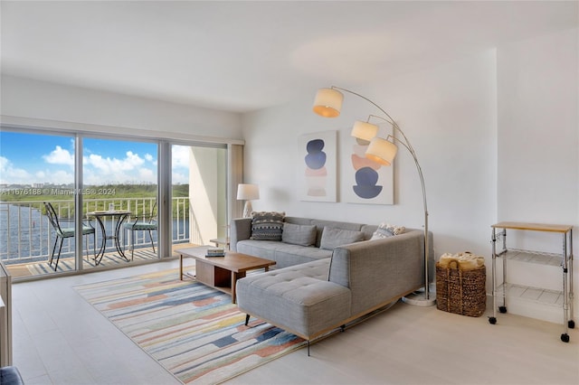 living room with a water view and light hardwood / wood-style flooring