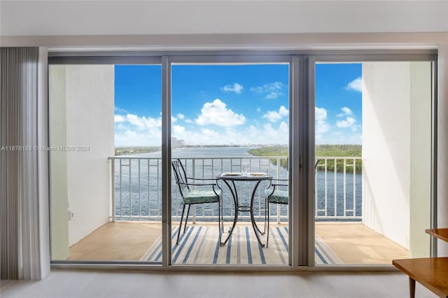 doorway to outside with plenty of natural light and a water view