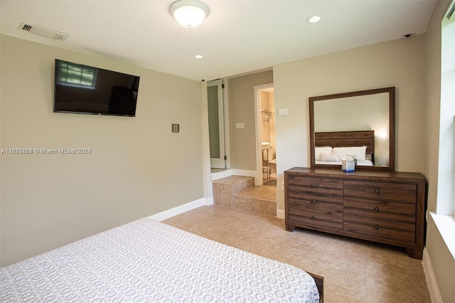 bedroom with recessed lighting, light tile patterned floors, visible vents, and baseboards