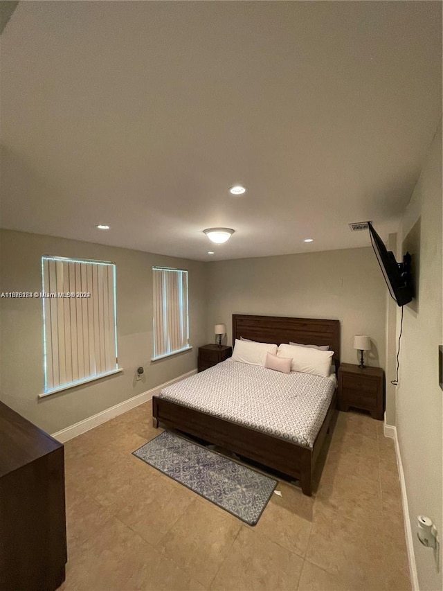 bedroom featuring recessed lighting, visible vents, and baseboards