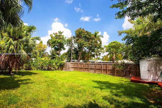 view of yard featuring an outbuilding, a storage unit, and fence