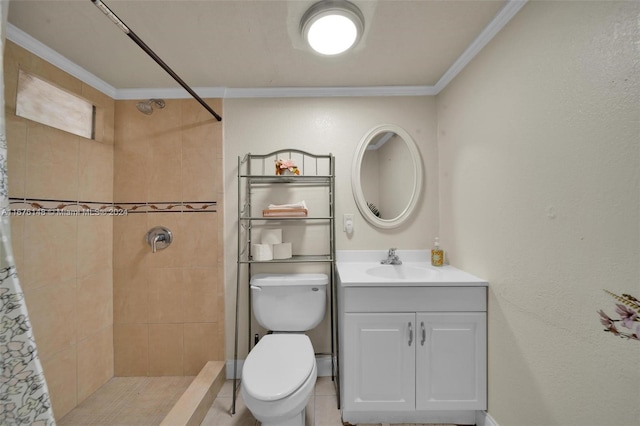 bathroom with curtained shower, ornamental molding, vanity, and toilet