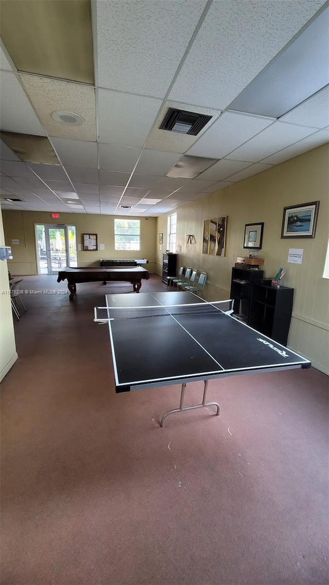 game room featuring carpet flooring, visible vents, a drop ceiling, and pool table