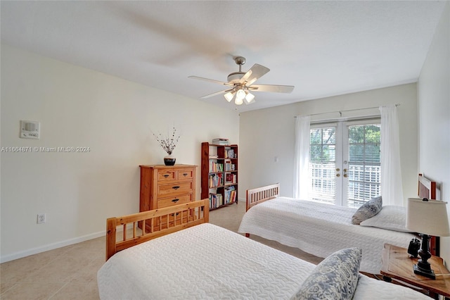 tiled bedroom with french doors, access to outside, and ceiling fan