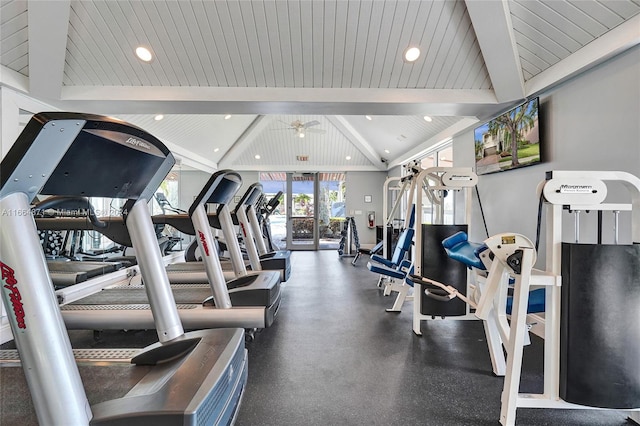 workout area featuring lofted ceiling, wood ceiling, and ceiling fan