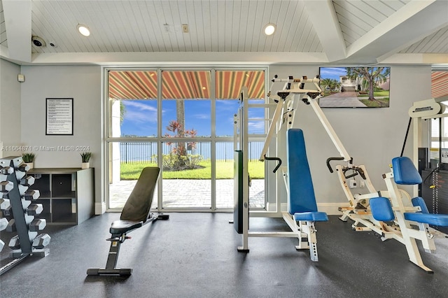 gym featuring wooden ceiling