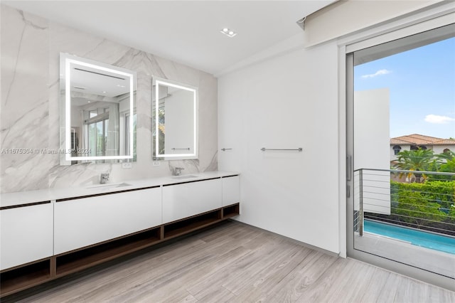 bathroom featuring vanity, tasteful backsplash, a healthy amount of sunlight, and wood-type flooring