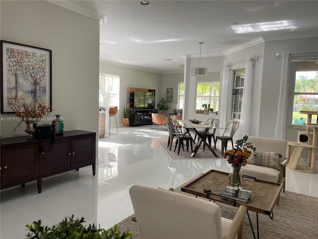 tiled living room with crown molding and a wealth of natural light