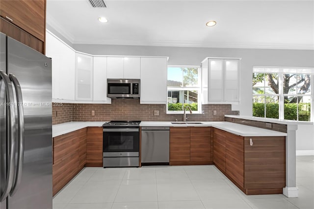 kitchen with appliances with stainless steel finishes, white cabinetry, sink, decorative backsplash, and ornamental molding