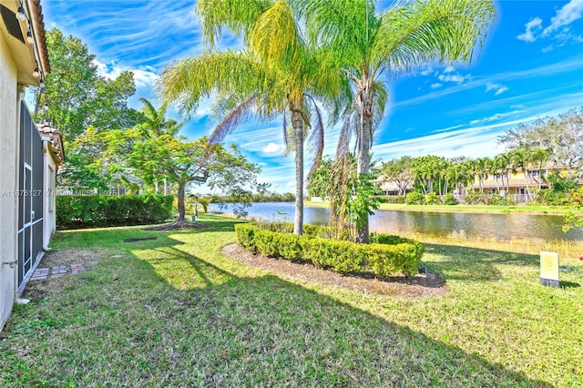 view of yard with a water view