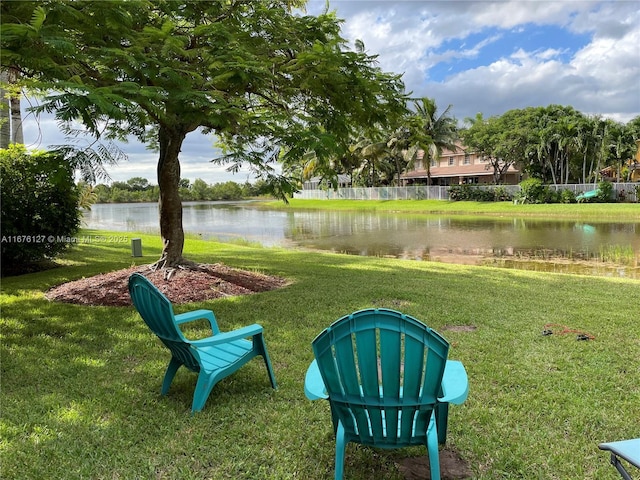 view of community featuring a water view and a lawn