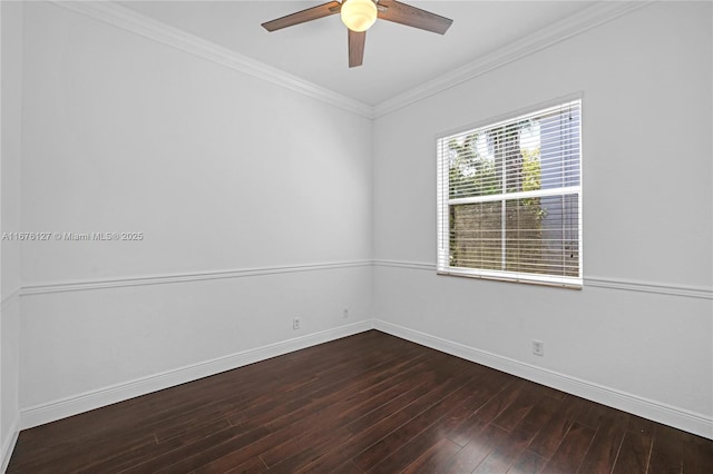 spare room featuring wood-type flooring, ceiling fan, and crown molding