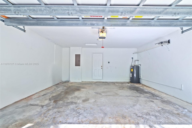 garage with water heater, a garage door opener, and electric panel