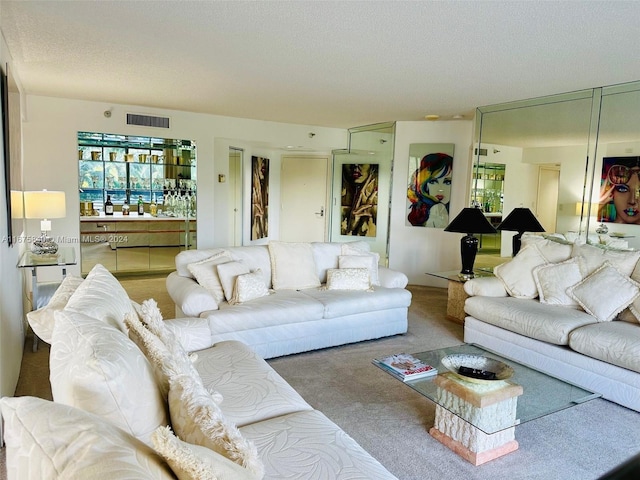 living room featuring carpet floors and a textured ceiling