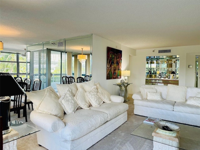 living room featuring a textured ceiling