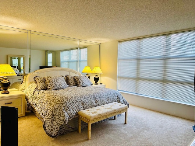 carpeted bedroom with multiple windows, a closet, and a textured ceiling