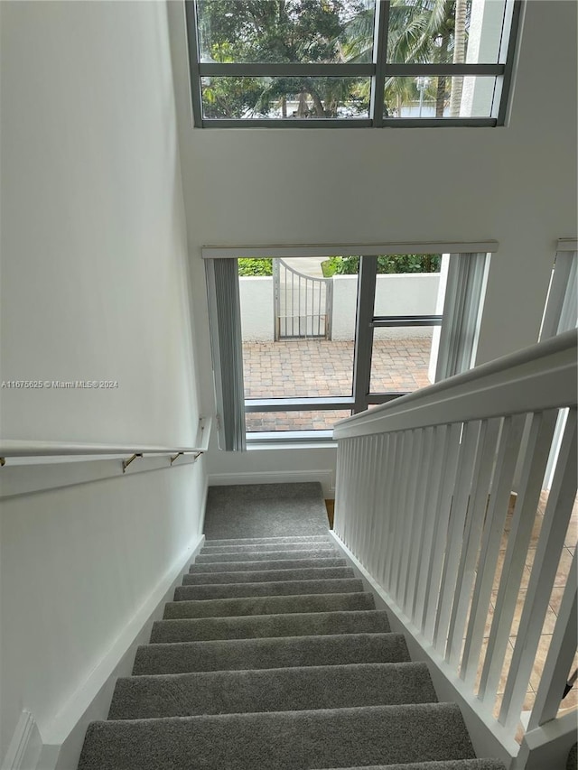 stairs with a towering ceiling and carpet flooring