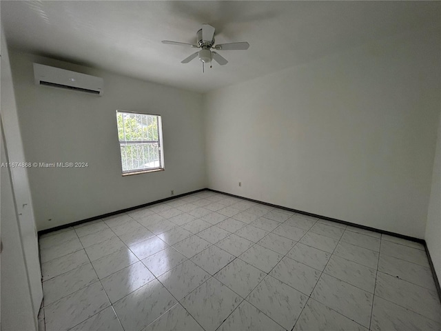 empty room featuring a wall mounted AC and ceiling fan