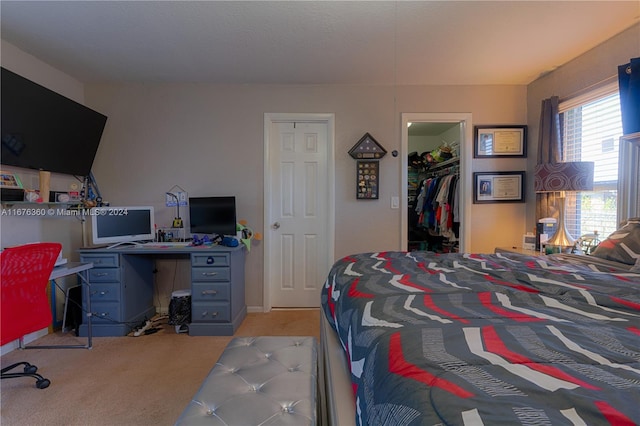 bedroom with light colored carpet, a closet, and a spacious closet